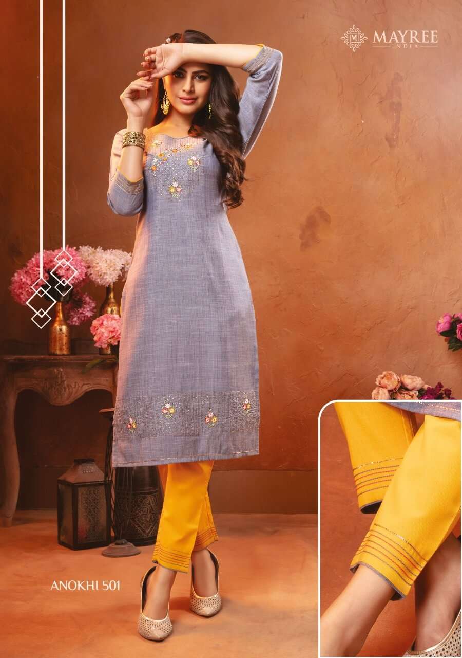 ANOKHI VOL-5 BY MAYREE 501 TO 508 SERIES DESIGNER STYLISH FANCY COLORFUL BEAUTIFUL PARTY WEAR & ETHNIC WEAR COLLECTION RAYON EMBROIDERY KURTIS WITH BOTTOM AT WHOLESALE PRICE