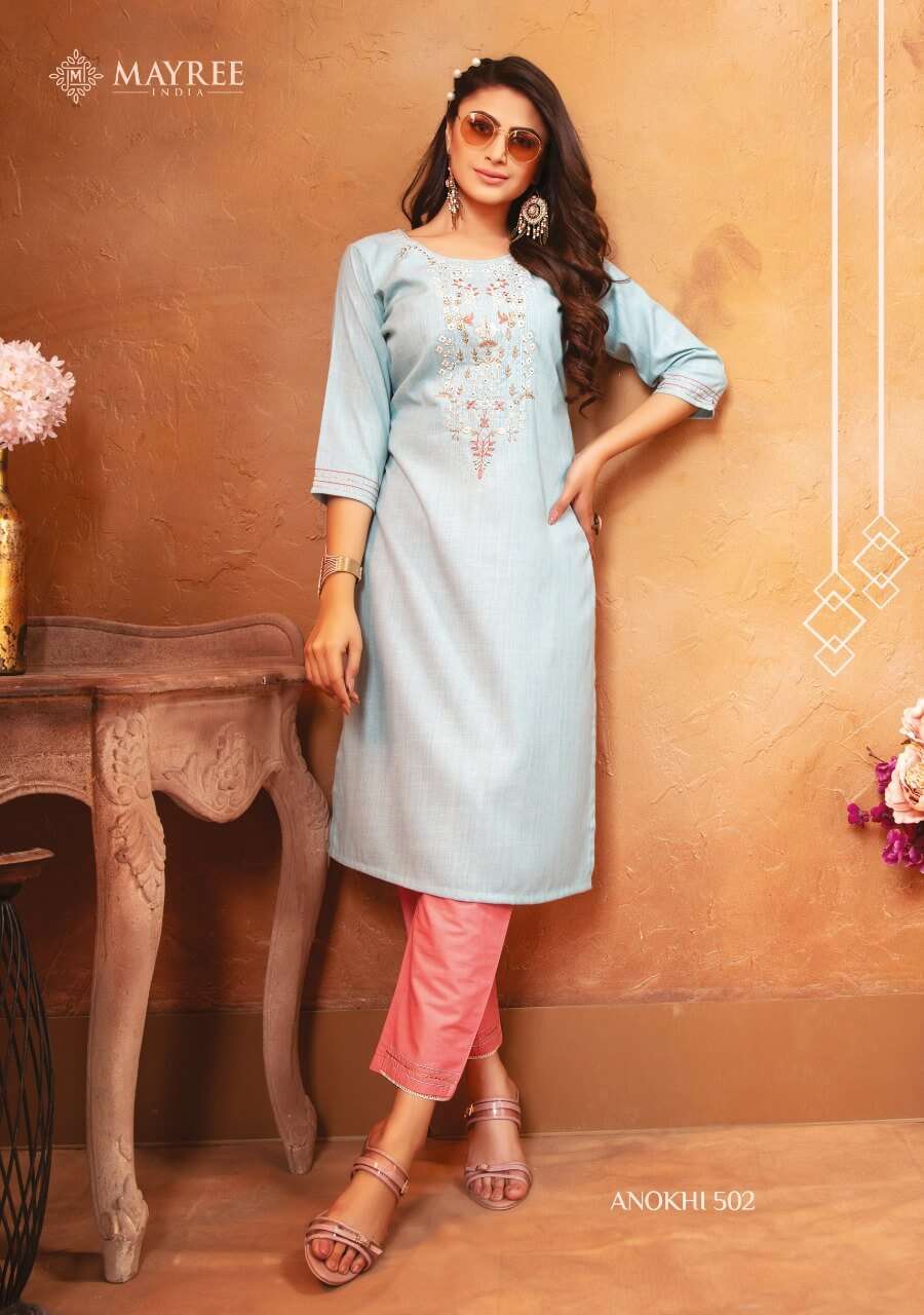 ANOKHI VOL-5 BY MAYREE 501 TO 508 SERIES DESIGNER STYLISH FANCY COLORFUL BEAUTIFUL PARTY WEAR & ETHNIC WEAR COLLECTION RAYON EMBROIDERY KURTIS WITH BOTTOM AT WHOLESALE PRICE