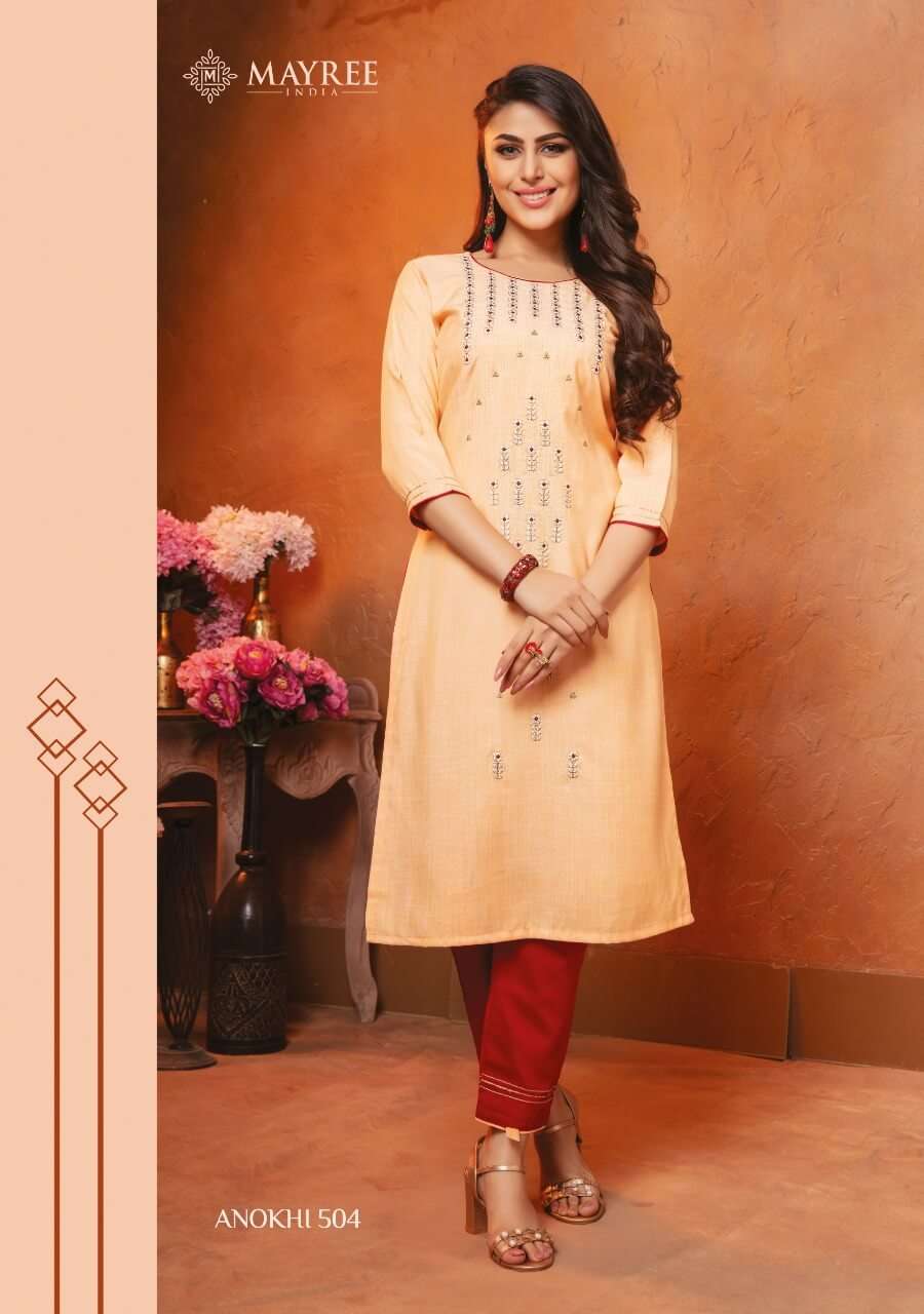 ANOKHI VOL-5 BY MAYREE 501 TO 508 SERIES DESIGNER STYLISH FANCY COLORFUL BEAUTIFUL PARTY WEAR & ETHNIC WEAR COLLECTION RAYON EMBROIDERY KURTIS WITH BOTTOM AT WHOLESALE PRICE