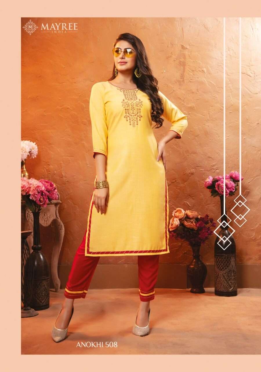 ANOKHI VOL-5 BY MAYREE 501 TO 508 SERIES DESIGNER STYLISH FANCY COLORFUL BEAUTIFUL PARTY WEAR & ETHNIC WEAR COLLECTION RAYON EMBROIDERY KURTIS WITH BOTTOM AT WHOLESALE PRICE