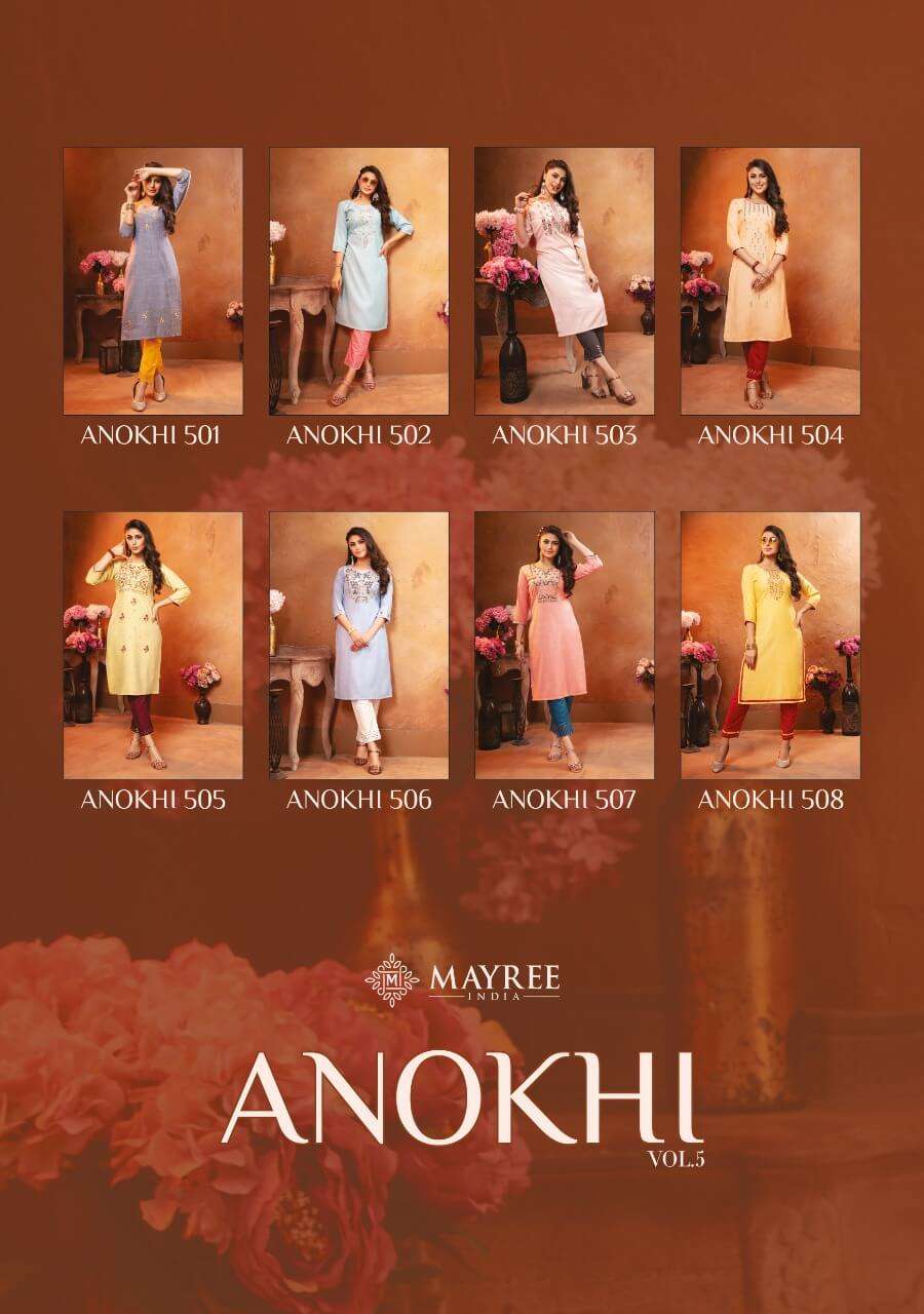 ANOKHI VOL-5 BY MAYREE 501 TO 508 SERIES DESIGNER STYLISH FANCY COLORFUL BEAUTIFUL PARTY WEAR & ETHNIC WEAR COLLECTION RAYON EMBROIDERY KURTIS WITH BOTTOM AT WHOLESALE PRICE