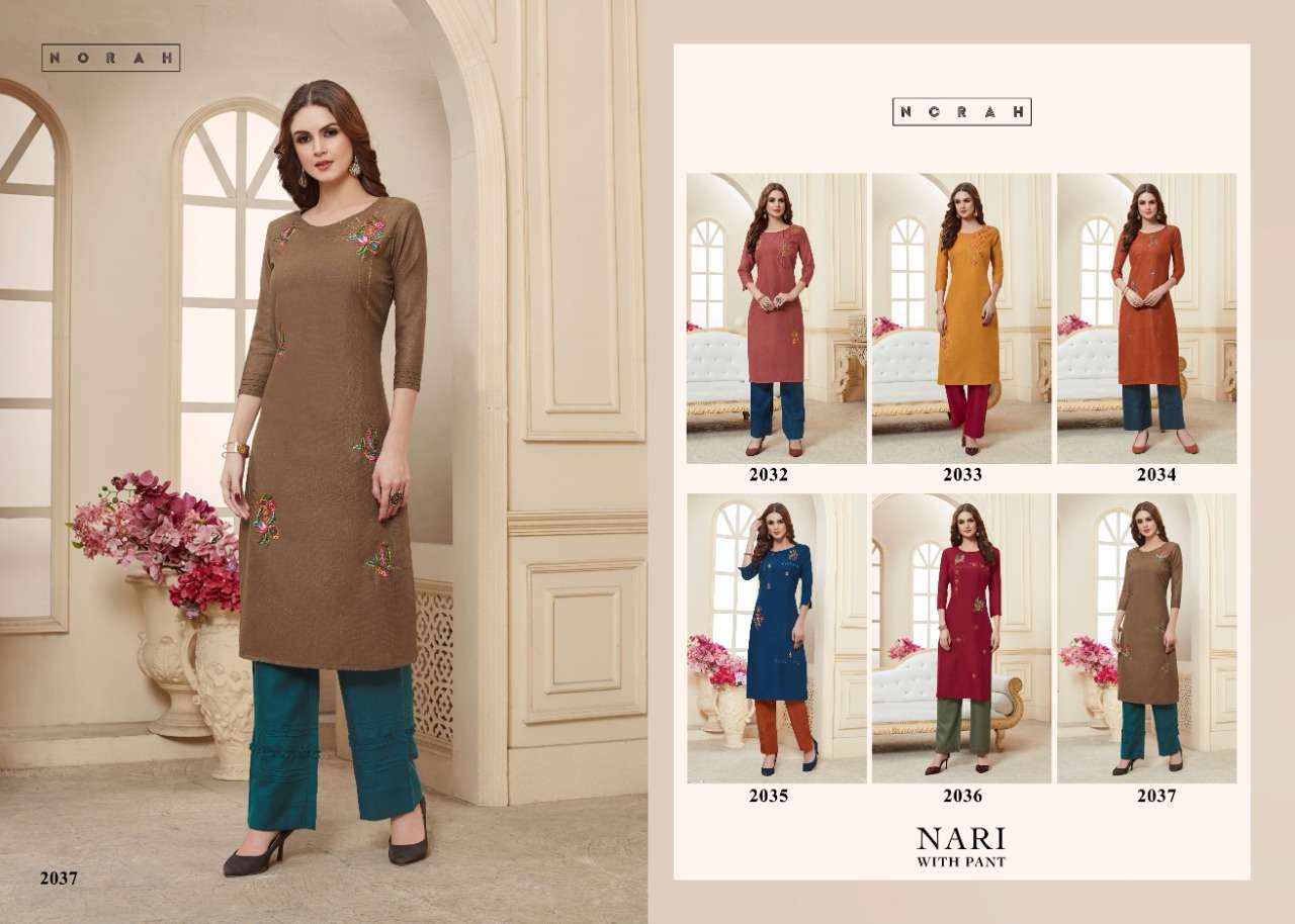 NARI BY NORAH 2032 TO 2037 SERIES DESIGNER STYLISH FANCY COLORFUL BEAUTIFUL PARTY WEAR & ETHNIC WEAR COLLECTION COTTON EMBROIDERY KURTIS WITH BOTTOM AT WHOLESALE PRICE
