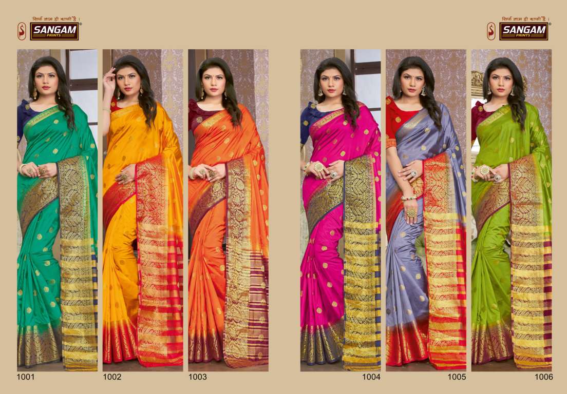 SAANVI SILK BY SANGAM PRINTS 1001 TO 1006 SERIES INDIAN TRADITIONAL WEAR COLLECTION BEAUTIFUL STYLISH FANCY COLORFUL PARTY WEAR & OCCASIONAL WEAR SILK SAREES AT WHOLESALE PRICE