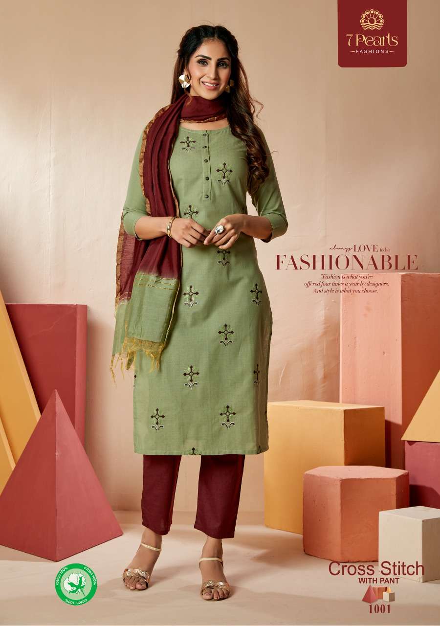CROSS STITCH BY 7 PEARLS 1001 TO 1004 SERIES BEAUTIFUL SUITS COLORFUL STYLISH FANCY CASUAL WEAR & ETHNIC WEAR PURE COTTON EMBROIDERED DRESSES AT WHOLESALE PRICE