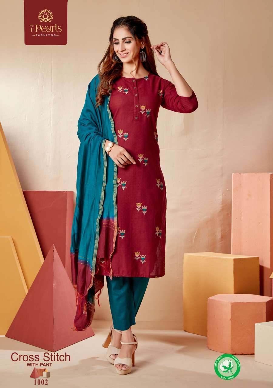 CROSS STITCH BY 7 PEARLS 1001 TO 1004 SERIES BEAUTIFUL SUITS COLORFUL STYLISH FANCY CASUAL WEAR & ETHNIC WEAR PURE COTTON EMBROIDERED DRESSES AT WHOLESALE PRICE