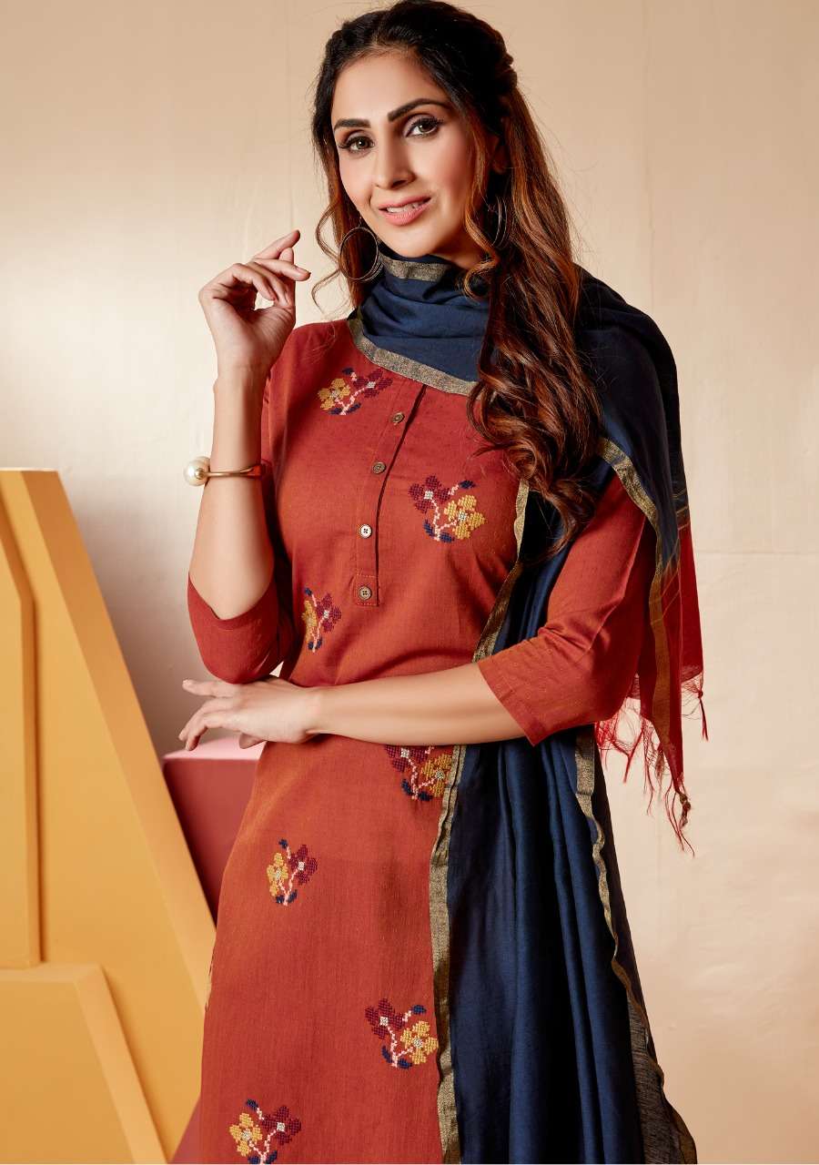 CROSS STITCH BY 7 PEARLS 1001 TO 1004 SERIES BEAUTIFUL SUITS COLORFUL STYLISH FANCY CASUAL WEAR & ETHNIC WEAR PURE COTTON EMBROIDERED DRESSES AT WHOLESALE PRICE