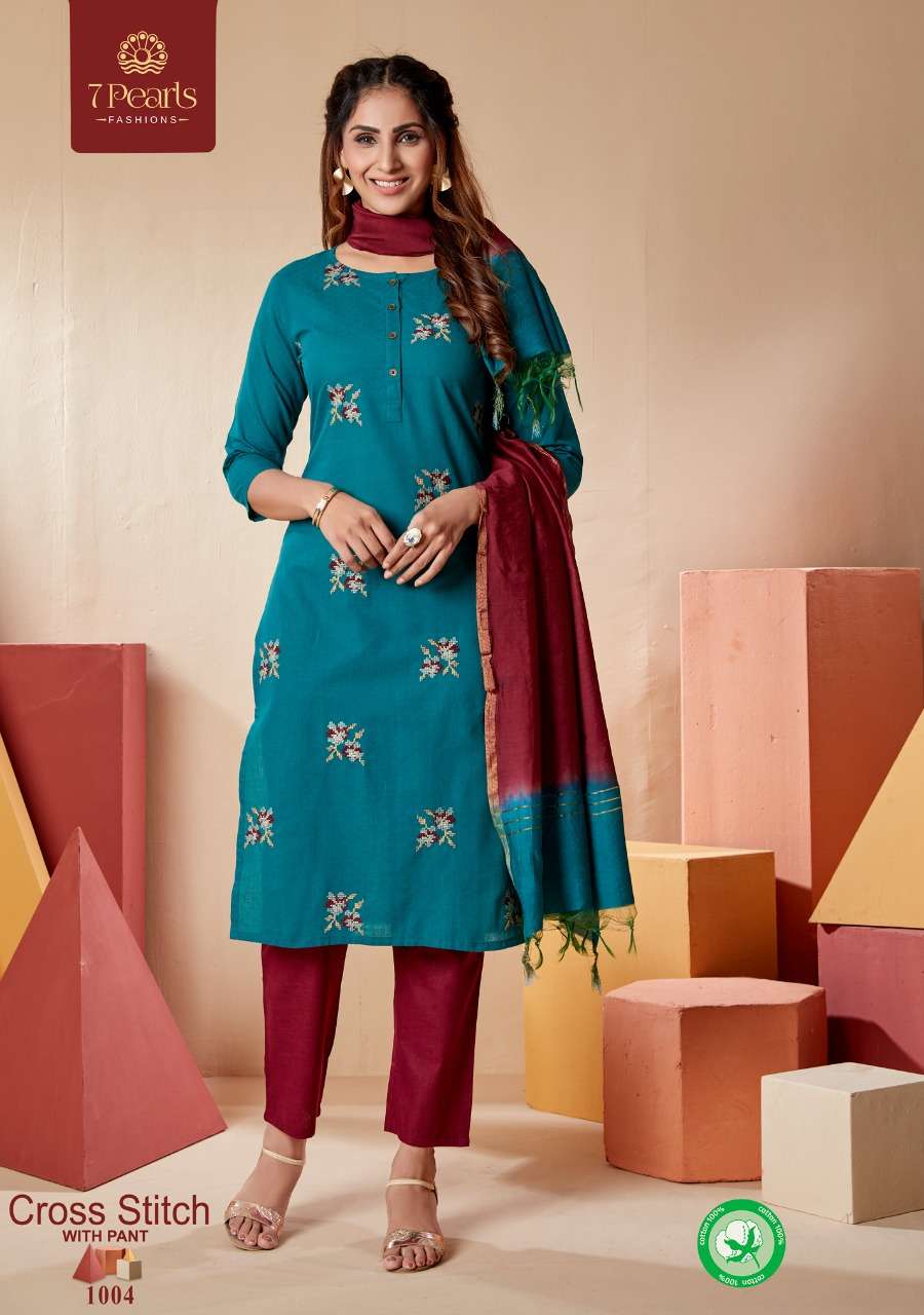 CROSS STITCH BY 7 PEARLS 1001 TO 1004 SERIES BEAUTIFUL SUITS COLORFUL STYLISH FANCY CASUAL WEAR & ETHNIC WEAR PURE COTTON EMBROIDERED DRESSES AT WHOLESALE PRICE