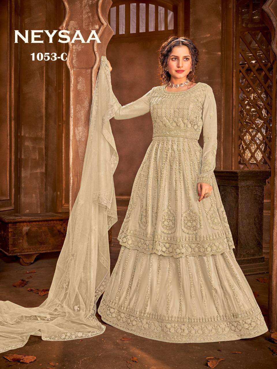 NEYSAA BY AVIGHAYA 1053 TO 1053-C SERIES BEAUTIFUL STYLISH ANARKALI SUITS FANCY COLORFUL CASUAL WEAR & ETHNIC WEAR & READY TO WEAR NET EMBROIDERED DRESSES AT WHOLESALE PRICE