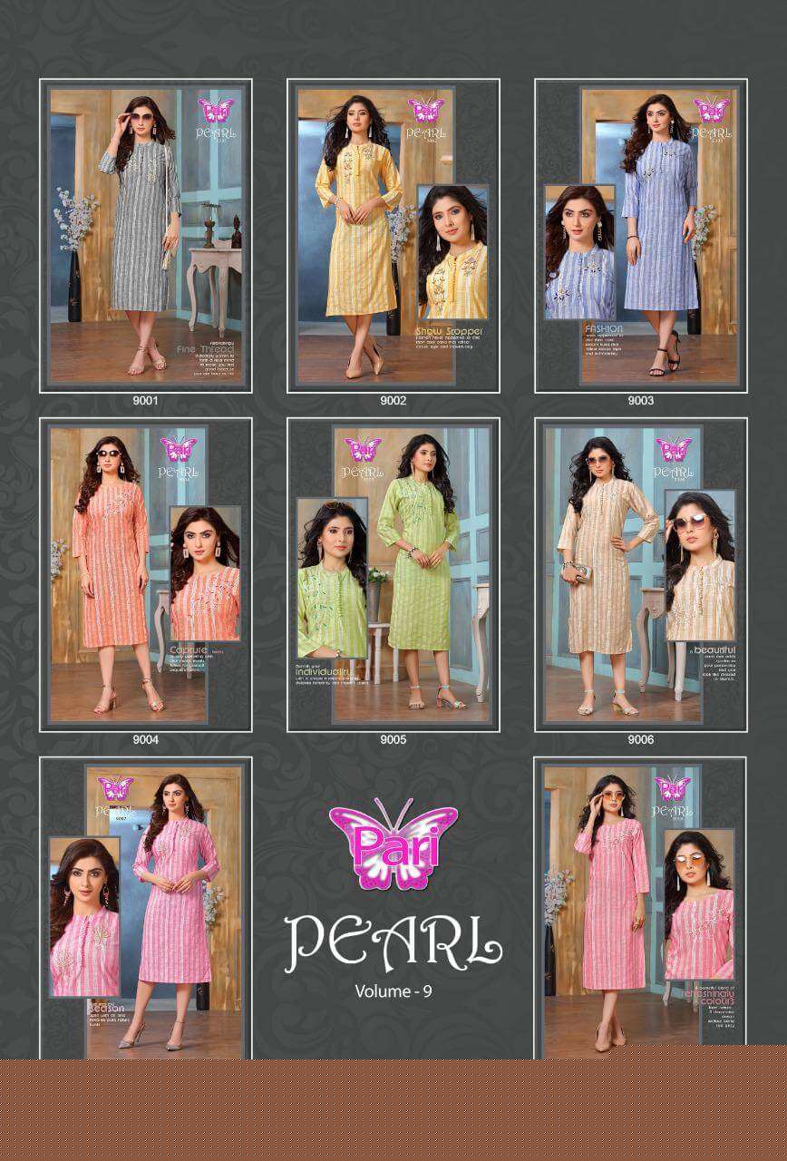 PEARL VOL-9 BY PARI 9001 TO 9008 SERIES DESIGNER STYLISH FANCY COLORFUL BEAUTIFUL PARTY WEAR & ETHNIC WEAR COLLECTION HEAVY RAYON KURTIS AT WHOLESALE PRICE