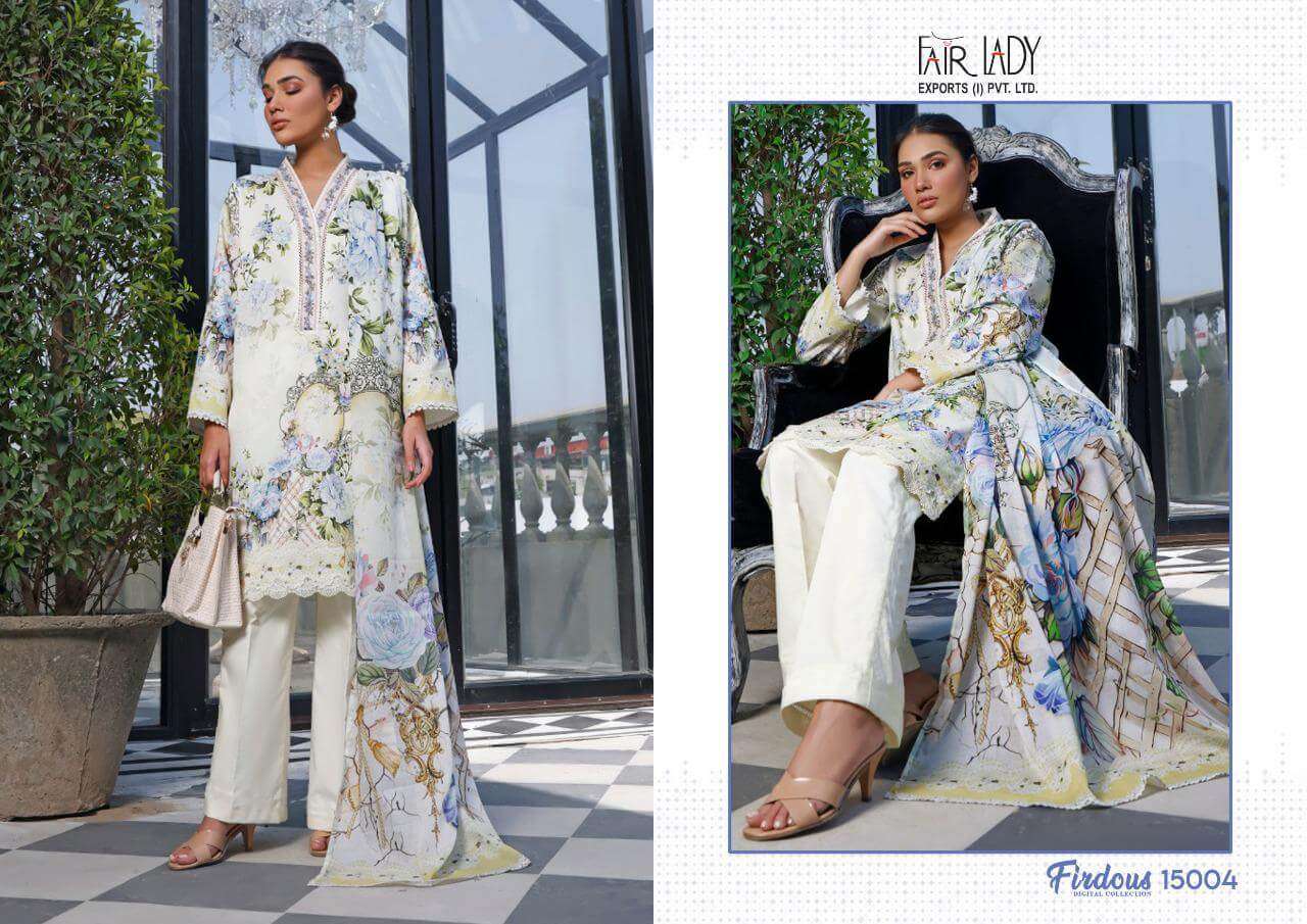 FIRDOUS DIGITAL COLLECTION BY FAIR LADY 15001 TO 15006 SERIES BEAUTIFUL SUITS COLORFUL STYLISH FANCY CASUAL WEAR & ETHNIC WEAR LAWN COTTON DIGITAL PRINT EMBROIDERED DRESSES AT WHOLESALE PRICE