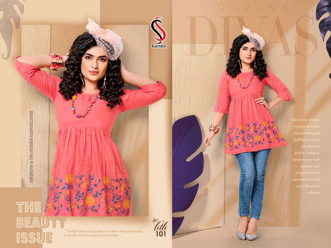 TITLI BY S S KURTIS 101 TO 110 SERIES DESIGNER BEAUTIFUL STYLISH FANCY COLORFUL PARTY WEAR & OCCASIONAL WEAR RAYON EMBROIDERED TOPS AT WHOLESALE PRICE