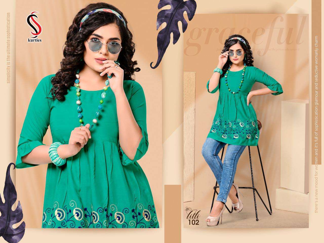 TITLI BY S S KURTIS 101 TO 110 SERIES DESIGNER BEAUTIFUL STYLISH FANCY COLORFUL PARTY WEAR & OCCASIONAL WEAR RAYON EMBROIDERED TOPS AT WHOLESALE PRICE