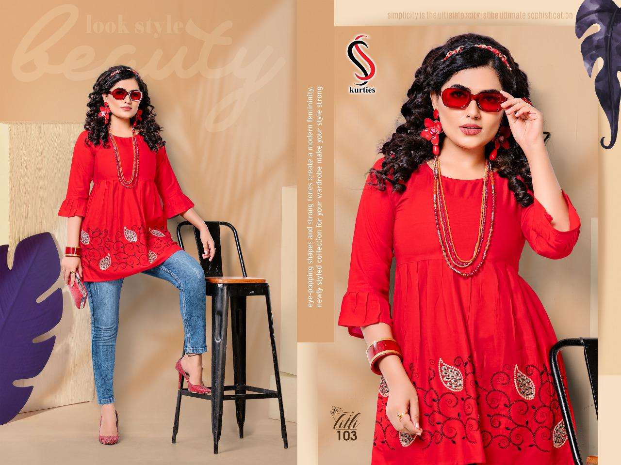 TITLI BY S S KURTIS 101 TO 110 SERIES DESIGNER BEAUTIFUL STYLISH FANCY COLORFUL PARTY WEAR & OCCASIONAL WEAR RAYON EMBROIDERED TOPS AT WHOLESALE PRICE