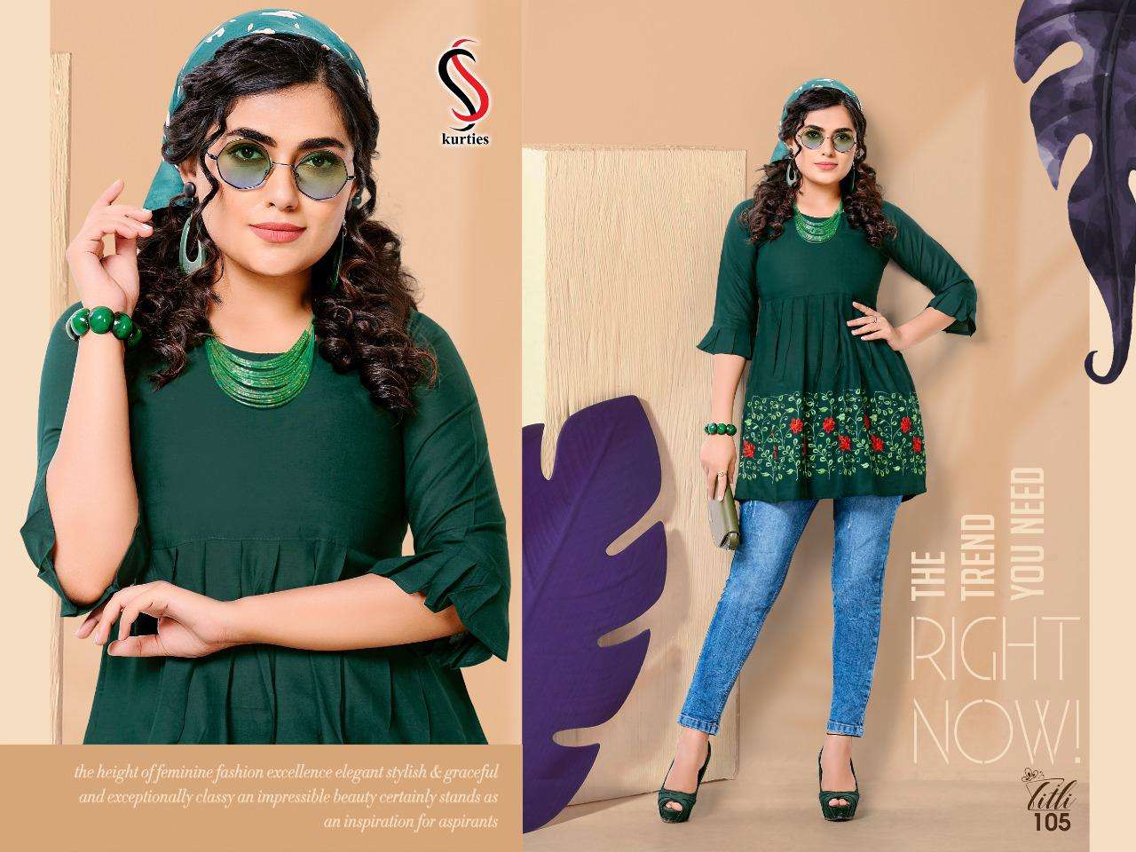 TITLI BY S S KURTIS 101 TO 110 SERIES DESIGNER BEAUTIFUL STYLISH FANCY COLORFUL PARTY WEAR & OCCASIONAL WEAR RAYON EMBROIDERED TOPS AT WHOLESALE PRICE