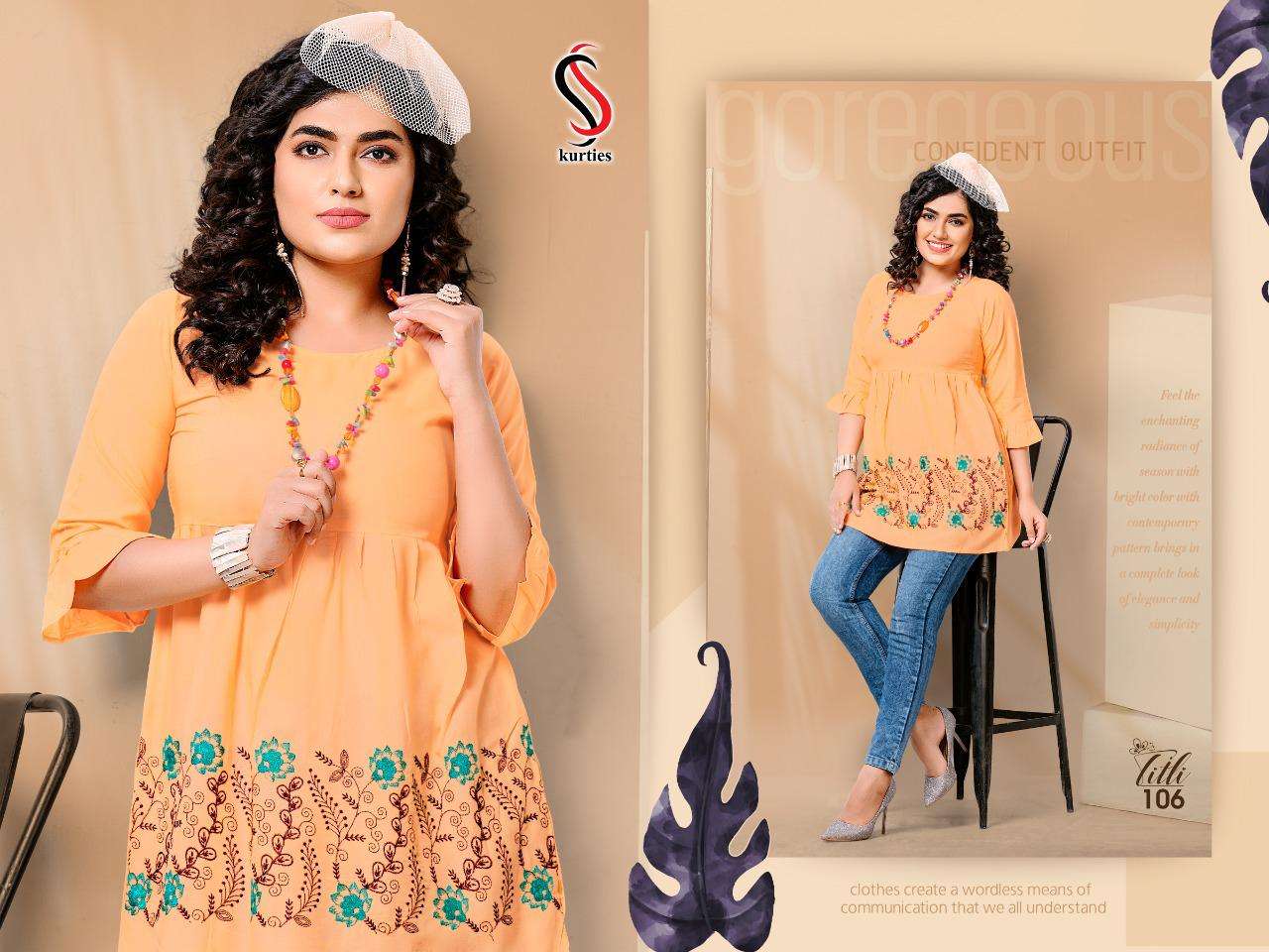 TITLI BY S S KURTIS 101 TO 110 SERIES DESIGNER BEAUTIFUL STYLISH FANCY COLORFUL PARTY WEAR & OCCASIONAL WEAR RAYON EMBROIDERED TOPS AT WHOLESALE PRICE