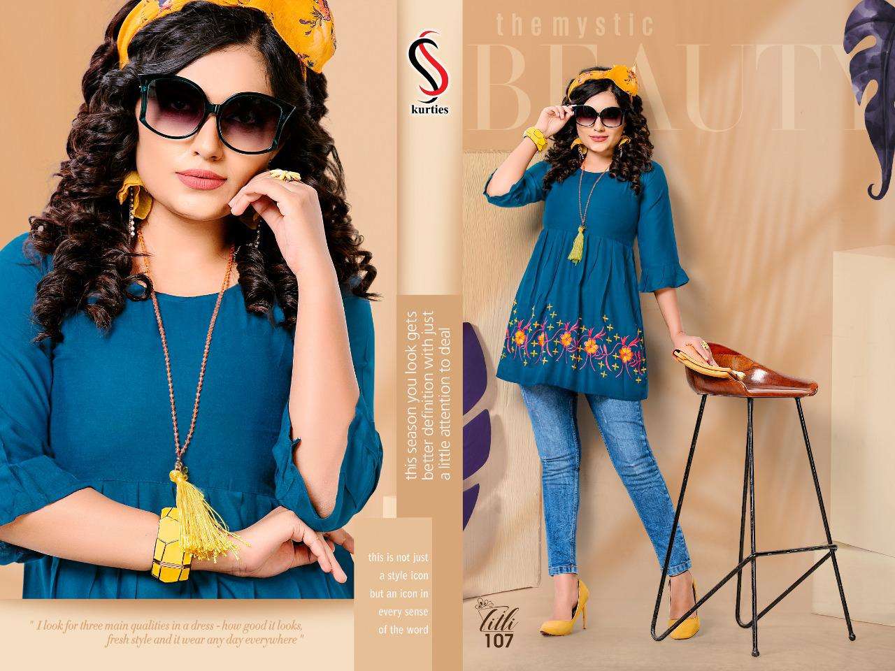 TITLI BY S S KURTIS 101 TO 110 SERIES DESIGNER BEAUTIFUL STYLISH FANCY COLORFUL PARTY WEAR & OCCASIONAL WEAR RAYON EMBROIDERED TOPS AT WHOLESALE PRICE