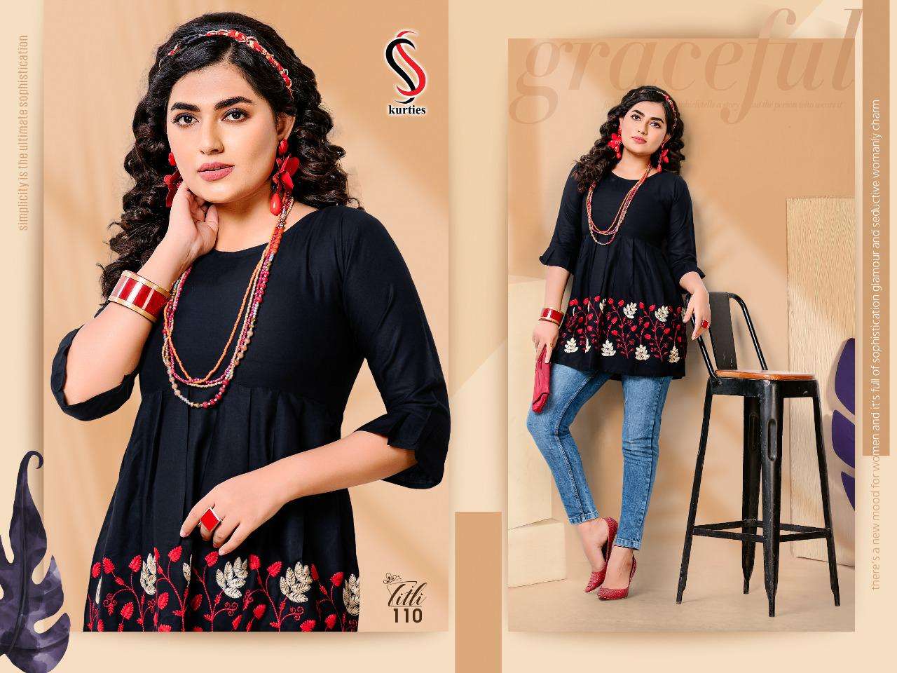 TITLI BY S S KURTIS 101 TO 110 SERIES DESIGNER BEAUTIFUL STYLISH FANCY COLORFUL PARTY WEAR & OCCASIONAL WEAR RAYON EMBROIDERED TOPS AT WHOLESALE PRICE