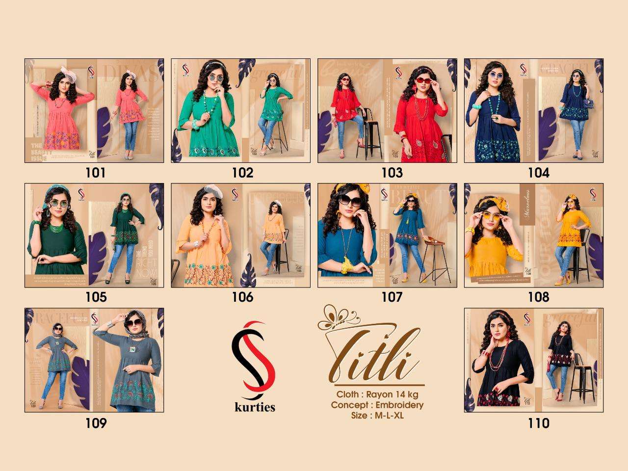 TITLI BY S S KURTIS 101 TO 110 SERIES DESIGNER BEAUTIFUL STYLISH FANCY COLORFUL PARTY WEAR & OCCASIONAL WEAR RAYON EMBROIDERED TOPS AT WHOLESALE PRICE