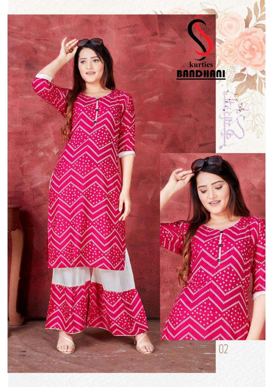 BANDHANI BY S S KURTIS 01 TO 08 SERIES DESIGNER STYLISH FANCY COLORFUL BEAUTIFUL PARTY WEAR & ETHNIC WEAR COLLECTION RAYON KURTIS WITH BOTTOM AT WHOLESALE PRICE