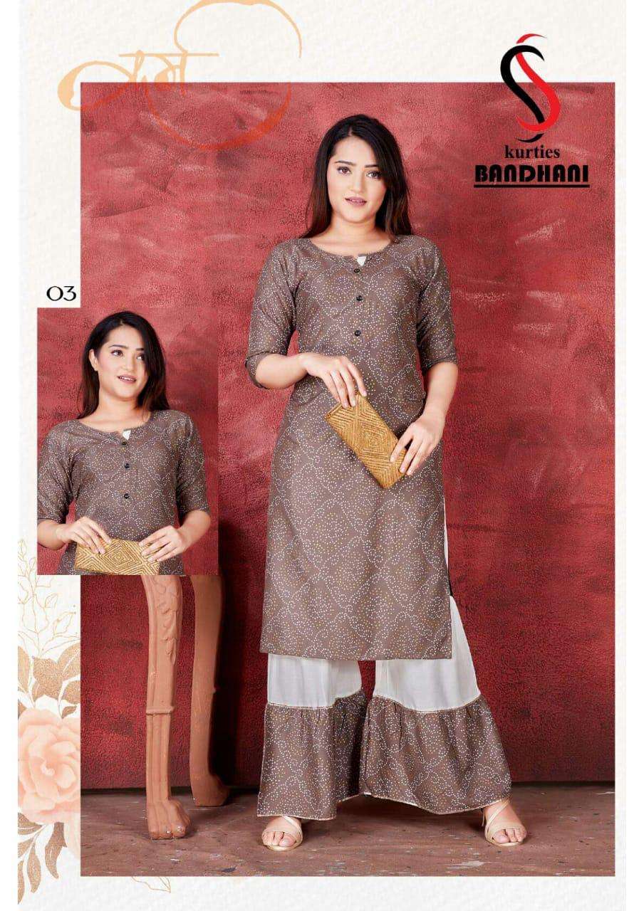 BANDHANI BY S S KURTIS 01 TO 08 SERIES DESIGNER STYLISH FANCY COLORFUL BEAUTIFUL PARTY WEAR & ETHNIC WEAR COLLECTION RAYON KURTIS WITH BOTTOM AT WHOLESALE PRICE
