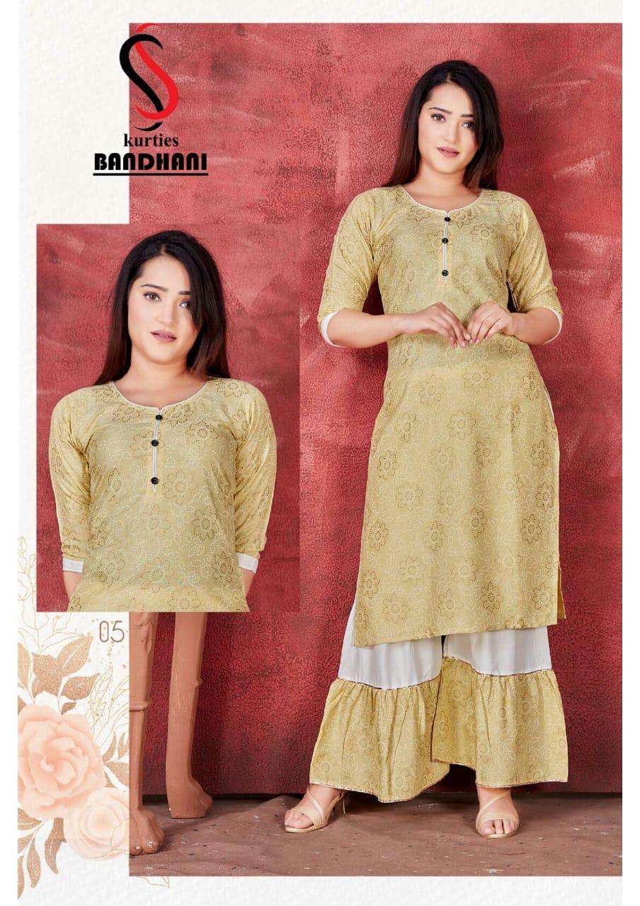 BANDHANI BY S S KURTIS 01 TO 08 SERIES DESIGNER STYLISH FANCY COLORFUL BEAUTIFUL PARTY WEAR & ETHNIC WEAR COLLECTION RAYON KURTIS WITH BOTTOM AT WHOLESALE PRICE