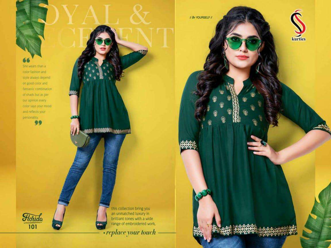 FLORIDA BY S S KURTIS 101 TO 108 SERIES DESIGNER BEAUTIFUL STYLISH FANCY COLORFUL PARTY WEAR & OCCASIONAL WEAR RAYON TOPS AT WHOLESALE PRICE