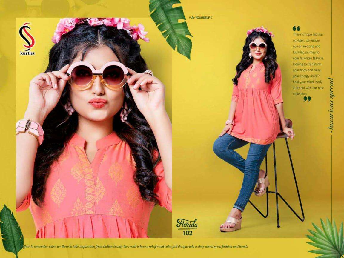 FLORIDA BY S S KURTIS 101 TO 108 SERIES DESIGNER BEAUTIFUL STYLISH FANCY COLORFUL PARTY WEAR & OCCASIONAL WEAR RAYON TOPS AT WHOLESALE PRICE