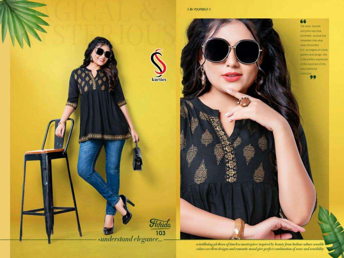 FLORIDA BY S S KURTIS 101 TO 108 SERIES DESIGNER BEAUTIFUL STYLISH FANCY COLORFUL PARTY WEAR & OCCASIONAL WEAR RAYON TOPS AT WHOLESALE PRICE