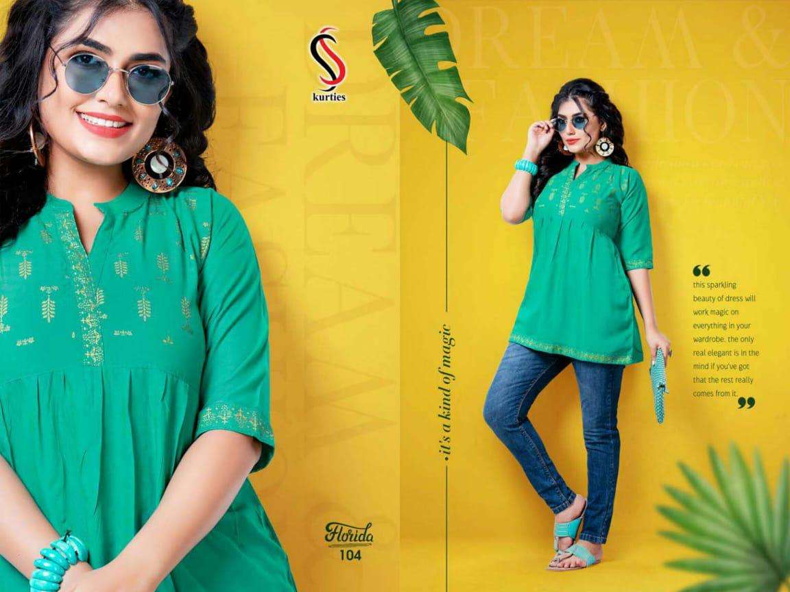 FLORIDA BY S S KURTIS 101 TO 108 SERIES DESIGNER BEAUTIFUL STYLISH FANCY COLORFUL PARTY WEAR & OCCASIONAL WEAR RAYON TOPS AT WHOLESALE PRICE