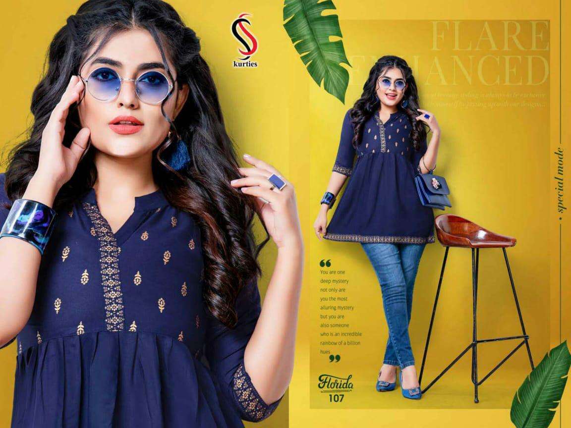 FLORIDA BY S S KURTIS 101 TO 108 SERIES DESIGNER BEAUTIFUL STYLISH FANCY COLORFUL PARTY WEAR & OCCASIONAL WEAR RAYON TOPS AT WHOLESALE PRICE