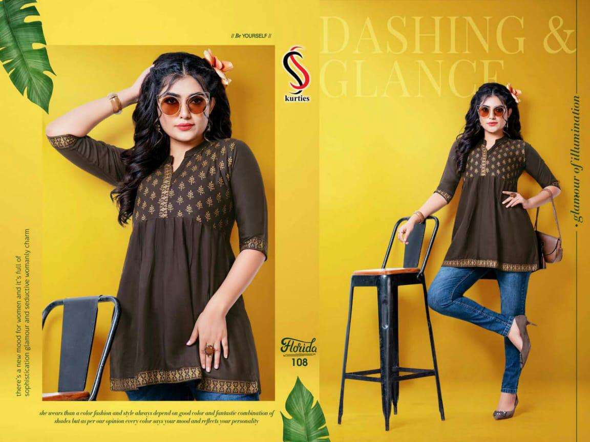 FLORIDA BY S S KURTIS 101 TO 108 SERIES DESIGNER BEAUTIFUL STYLISH FANCY COLORFUL PARTY WEAR & OCCASIONAL WEAR RAYON TOPS AT WHOLESALE PRICE