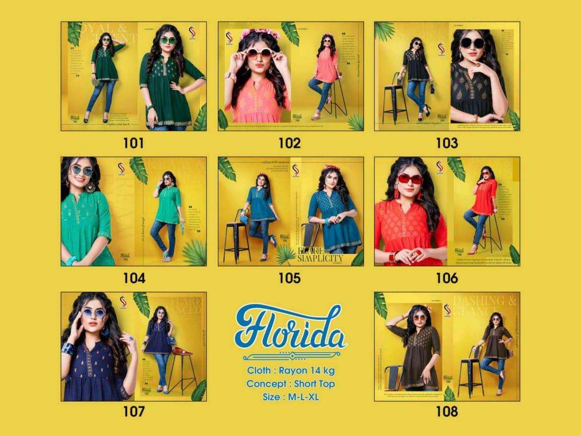 FLORIDA BY S S KURTIS 101 TO 108 SERIES DESIGNER BEAUTIFUL STYLISH FANCY COLORFUL PARTY WEAR & OCCASIONAL WEAR RAYON TOPS AT WHOLESALE PRICE
