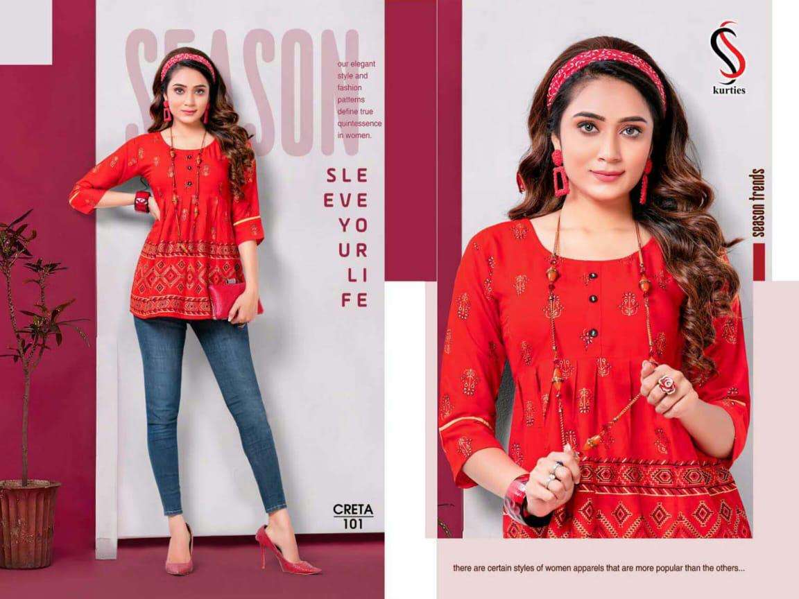 CRETA BY S S KURTIS 101 TO 112 SERIES DESIGNER BEAUTIFUL STYLISH FANCY COLORFUL PARTY WEAR & OCCASIONAL WEAR RAYON TOPS AT WHOLESALE PRICE