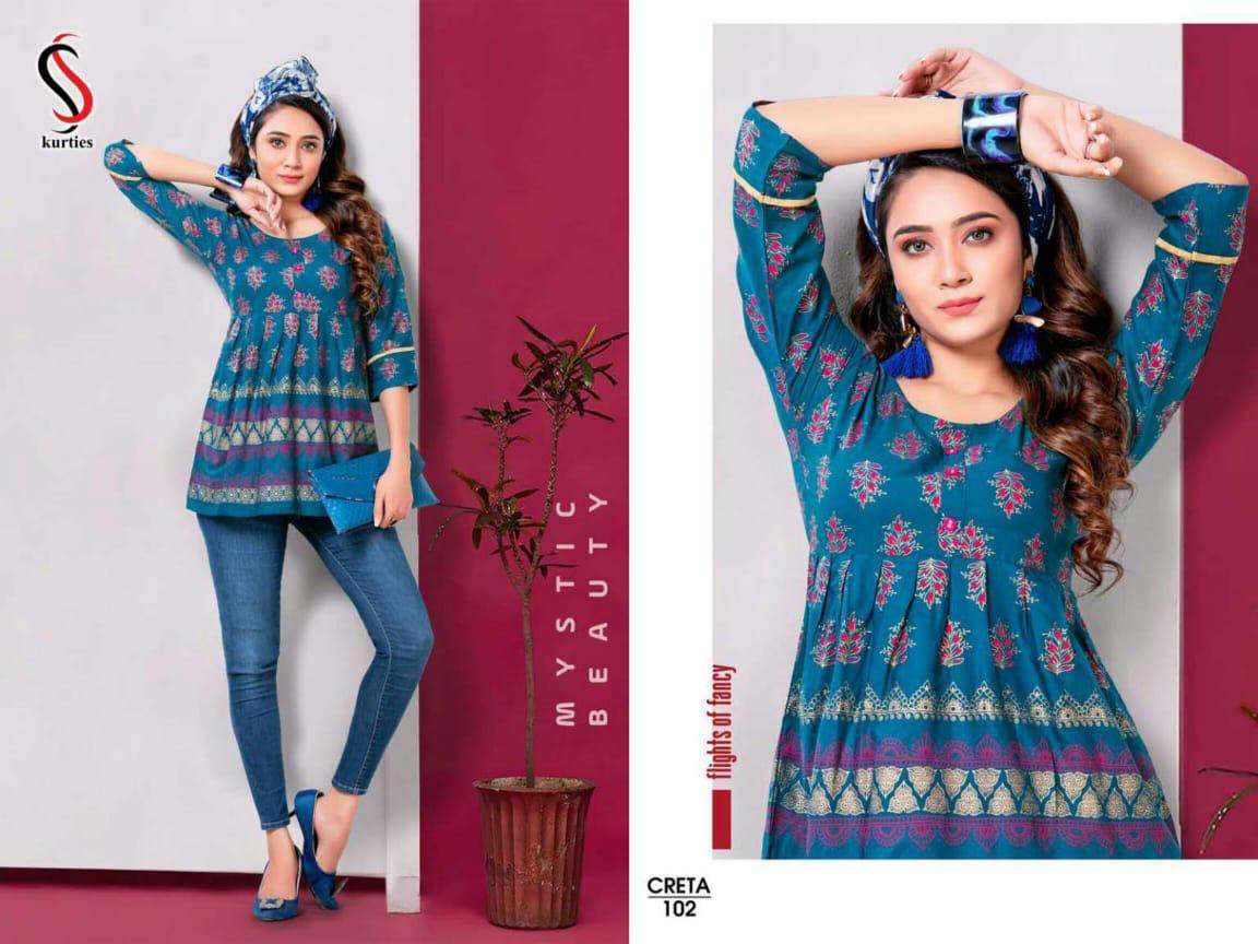 CRETA BY S S KURTIS 101 TO 112 SERIES DESIGNER BEAUTIFUL STYLISH FANCY COLORFUL PARTY WEAR & OCCASIONAL WEAR RAYON TOPS AT WHOLESALE PRICE