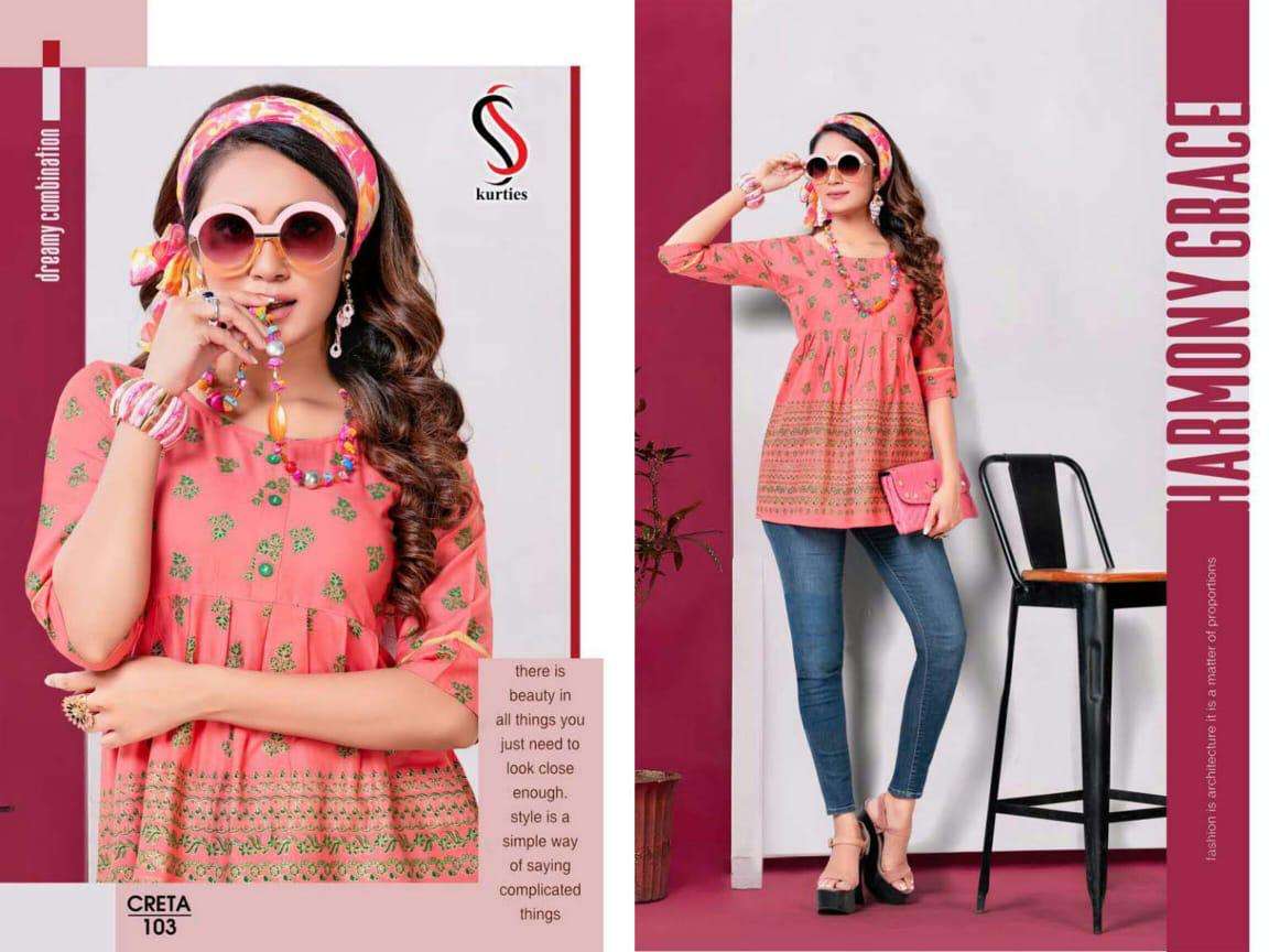 CRETA BY S S KURTIS 101 TO 112 SERIES DESIGNER BEAUTIFUL STYLISH FANCY COLORFUL PARTY WEAR & OCCASIONAL WEAR RAYON TOPS AT WHOLESALE PRICE