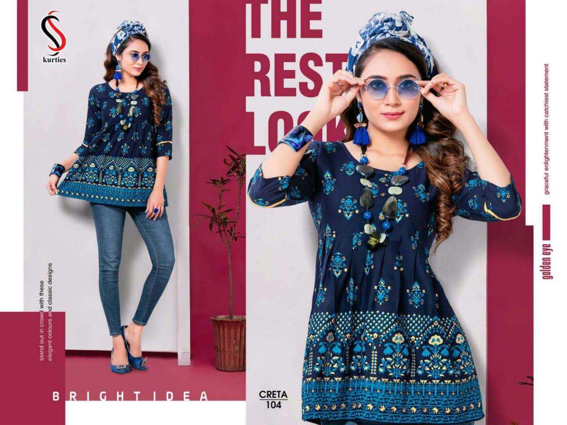 CRETA BY S S KURTIS 101 TO 112 SERIES DESIGNER BEAUTIFUL STYLISH FANCY COLORFUL PARTY WEAR & OCCASIONAL WEAR RAYON TOPS AT WHOLESALE PRICE