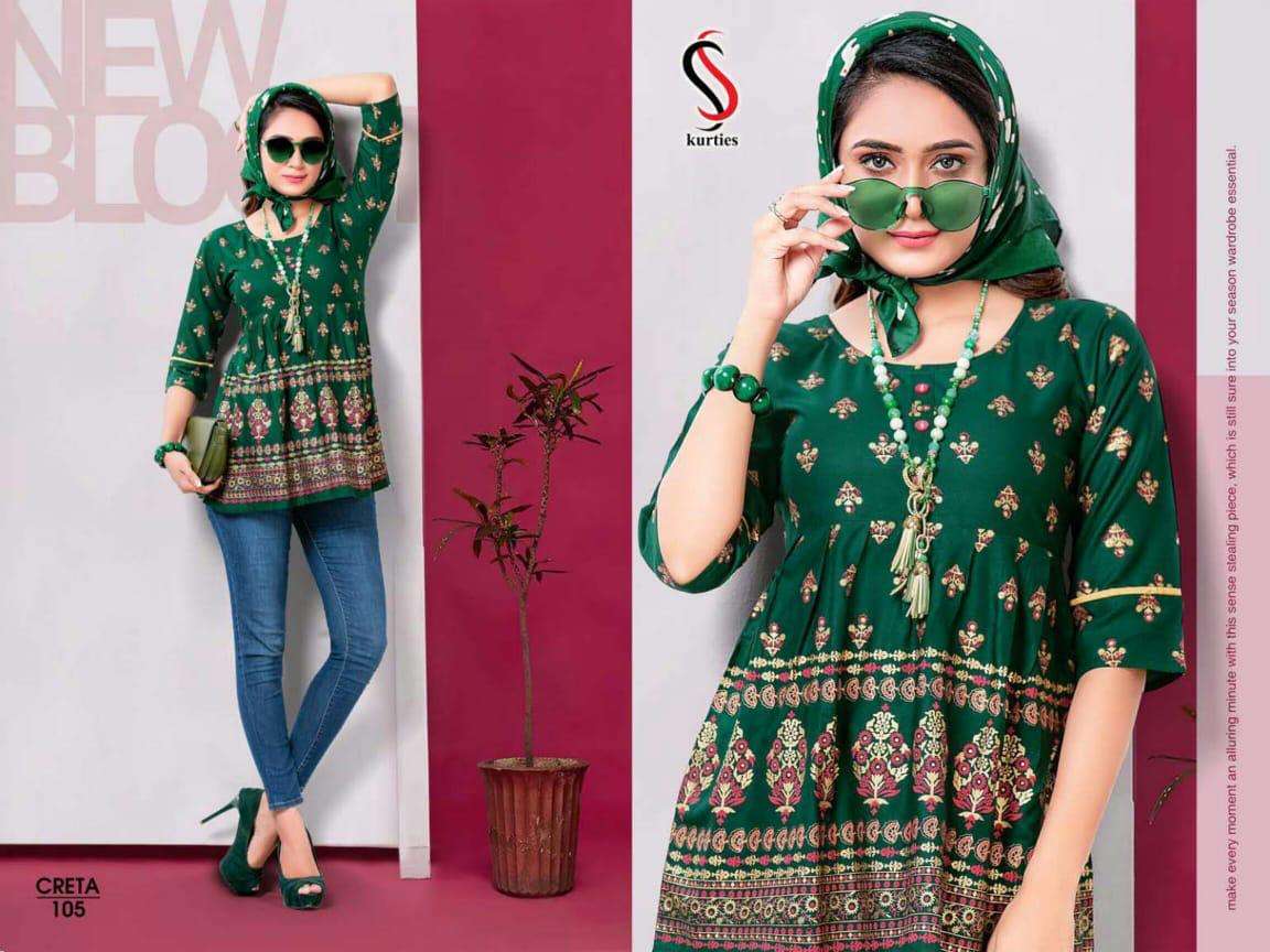 CRETA BY S S KURTIS 101 TO 112 SERIES DESIGNER BEAUTIFUL STYLISH FANCY COLORFUL PARTY WEAR & OCCASIONAL WEAR RAYON TOPS AT WHOLESALE PRICE