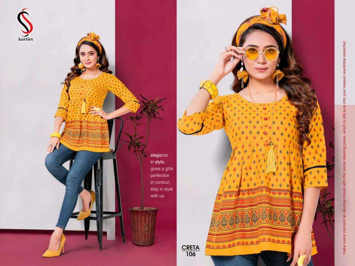 CRETA BY S S KURTIS 101 TO 112 SERIES DESIGNER BEAUTIFUL STYLISH FANCY COLORFUL PARTY WEAR & OCCASIONAL WEAR RAYON TOPS AT WHOLESALE PRICE