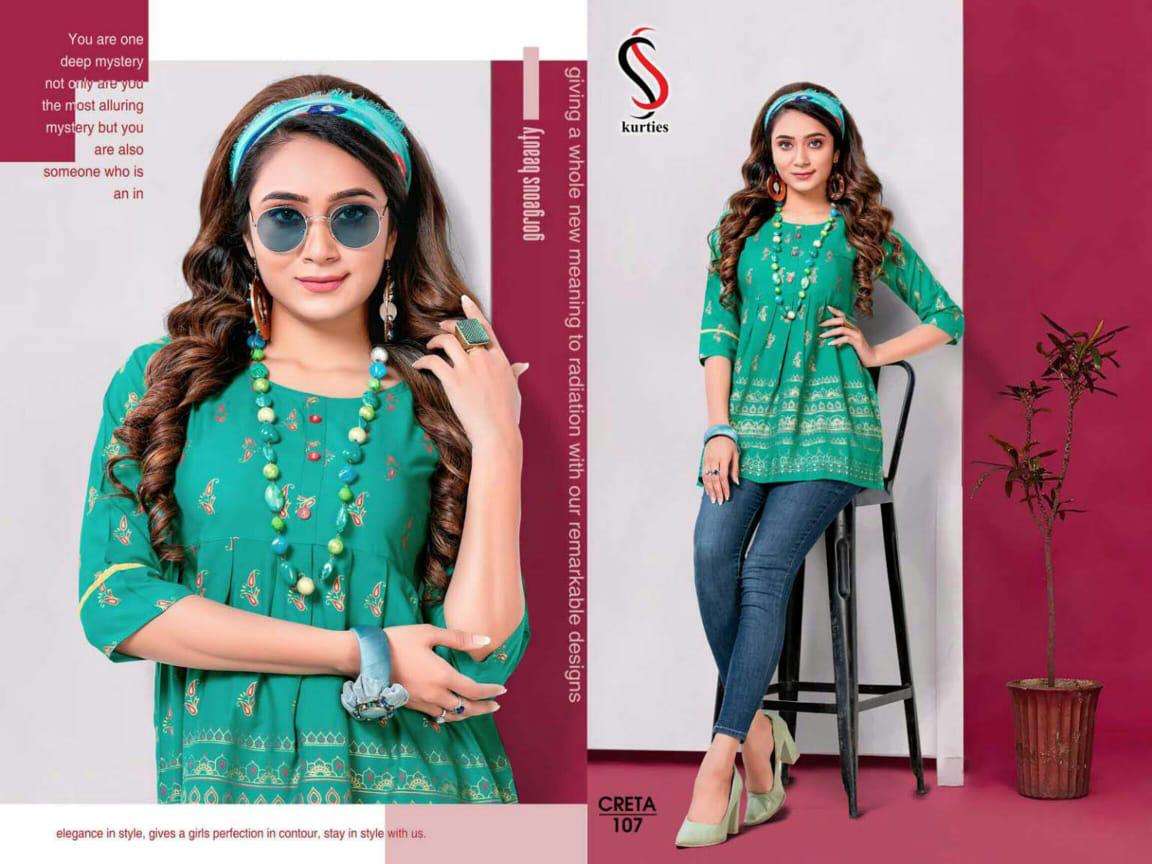 CRETA BY S S KURTIS 101 TO 112 SERIES DESIGNER BEAUTIFUL STYLISH FANCY COLORFUL PARTY WEAR & OCCASIONAL WEAR RAYON TOPS AT WHOLESALE PRICE