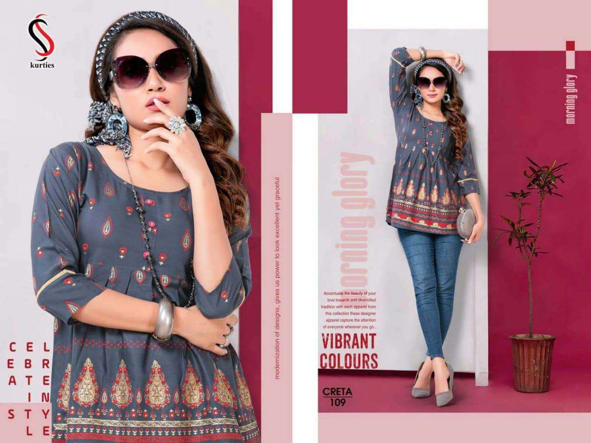 CRETA BY S S KURTIS 101 TO 112 SERIES DESIGNER BEAUTIFUL STYLISH FANCY COLORFUL PARTY WEAR & OCCASIONAL WEAR RAYON TOPS AT WHOLESALE PRICE