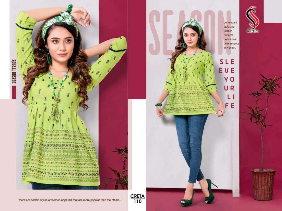 CRETA BY S S KURTIS 101 TO 112 SERIES DESIGNER BEAUTIFUL STYLISH FANCY COLORFUL PARTY WEAR & OCCASIONAL WEAR RAYON TOPS AT WHOLESALE PRICE