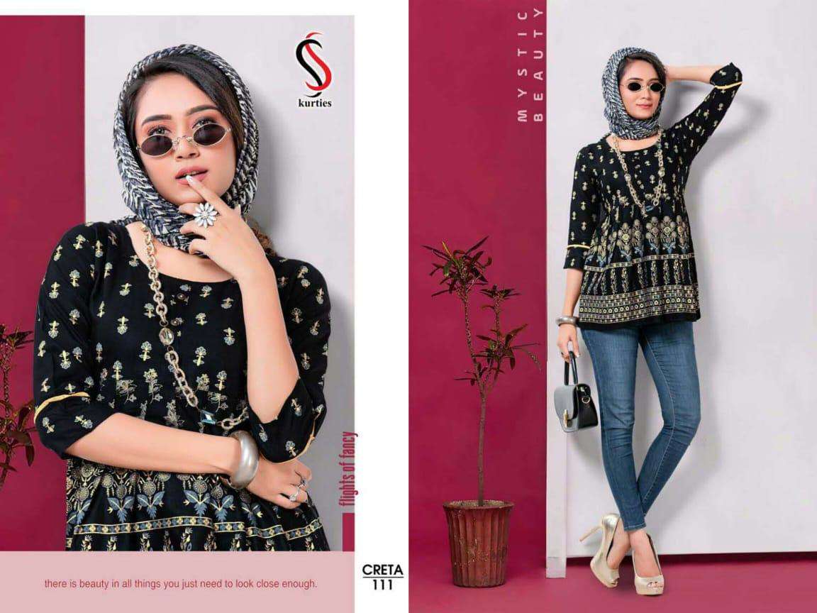 CRETA BY S S KURTIS 101 TO 112 SERIES DESIGNER BEAUTIFUL STYLISH FANCY COLORFUL PARTY WEAR & OCCASIONAL WEAR RAYON TOPS AT WHOLESALE PRICE