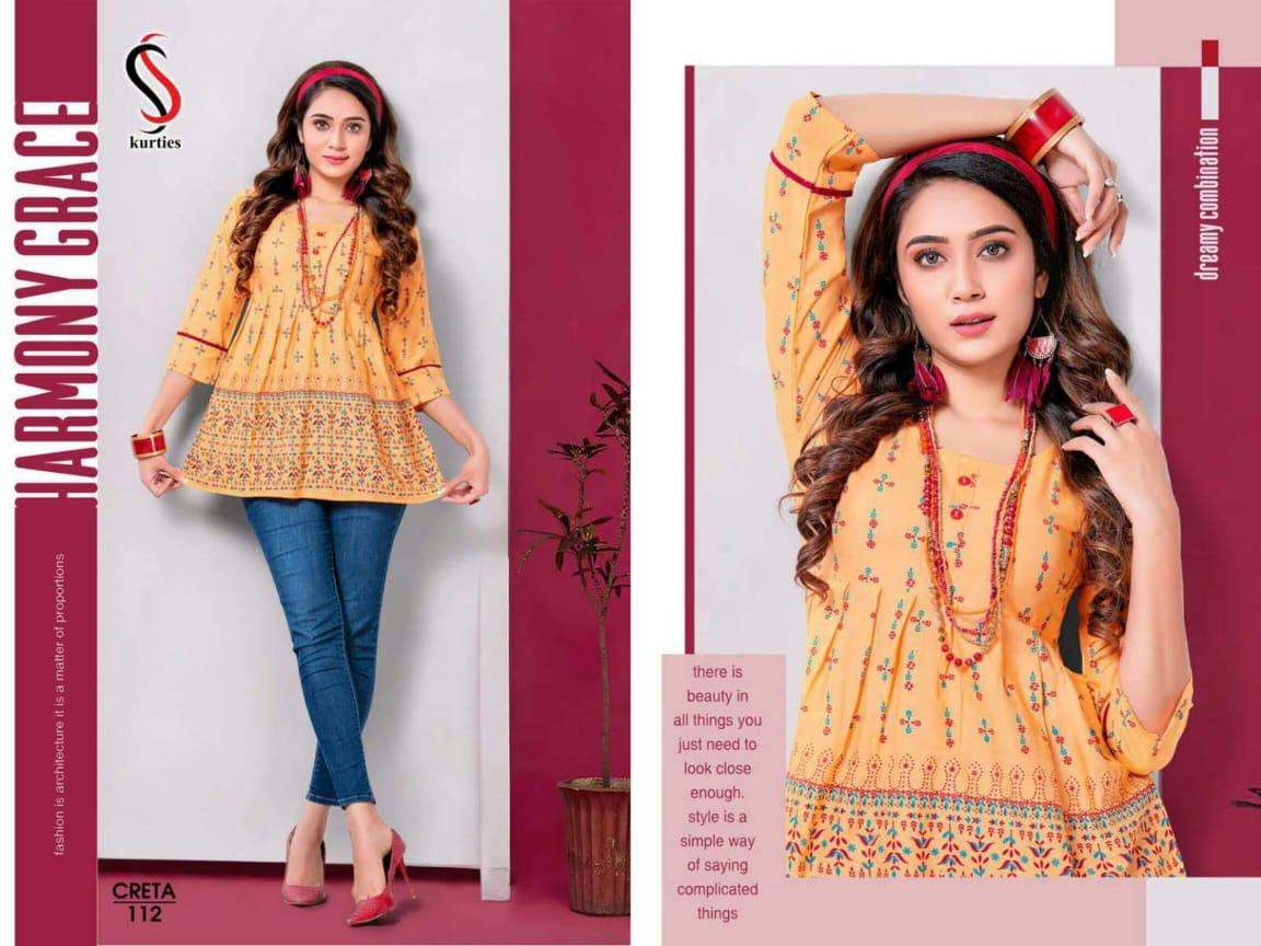 CRETA BY S S KURTIS 101 TO 112 SERIES DESIGNER BEAUTIFUL STYLISH FANCY COLORFUL PARTY WEAR & OCCASIONAL WEAR RAYON TOPS AT WHOLESALE PRICE