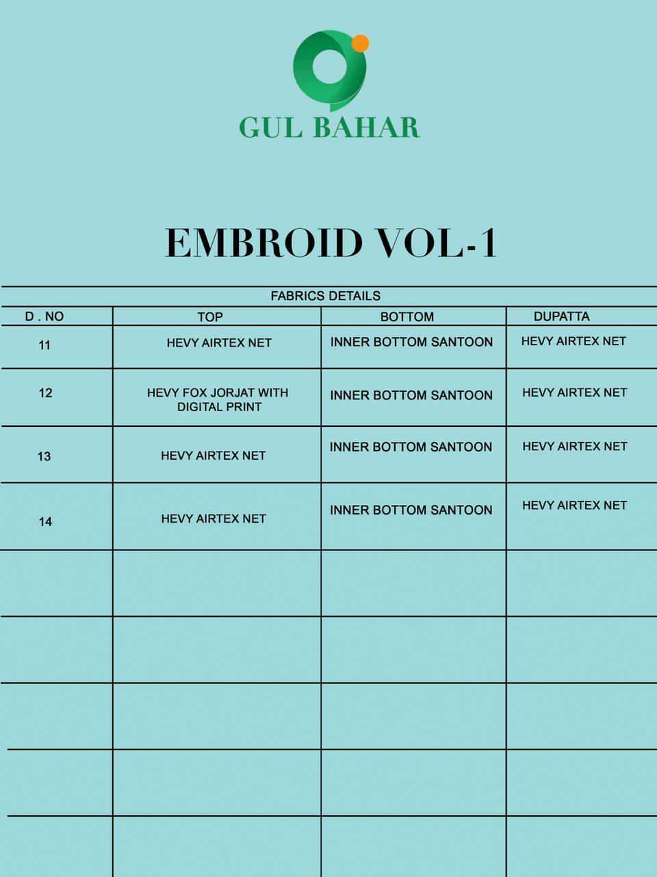 MBROIDERED VOL-1 BY GUL BAHAR 11 TO 14 SERIES BEAUTIFUL STYLISH SUITS FANCY COLORFUL CASUAL WEAR & ETHNIC WEAR & READY TO WEAR GEORGETTE/NET EMBROIDERY DRESSES AT WHOLESALE PRICE