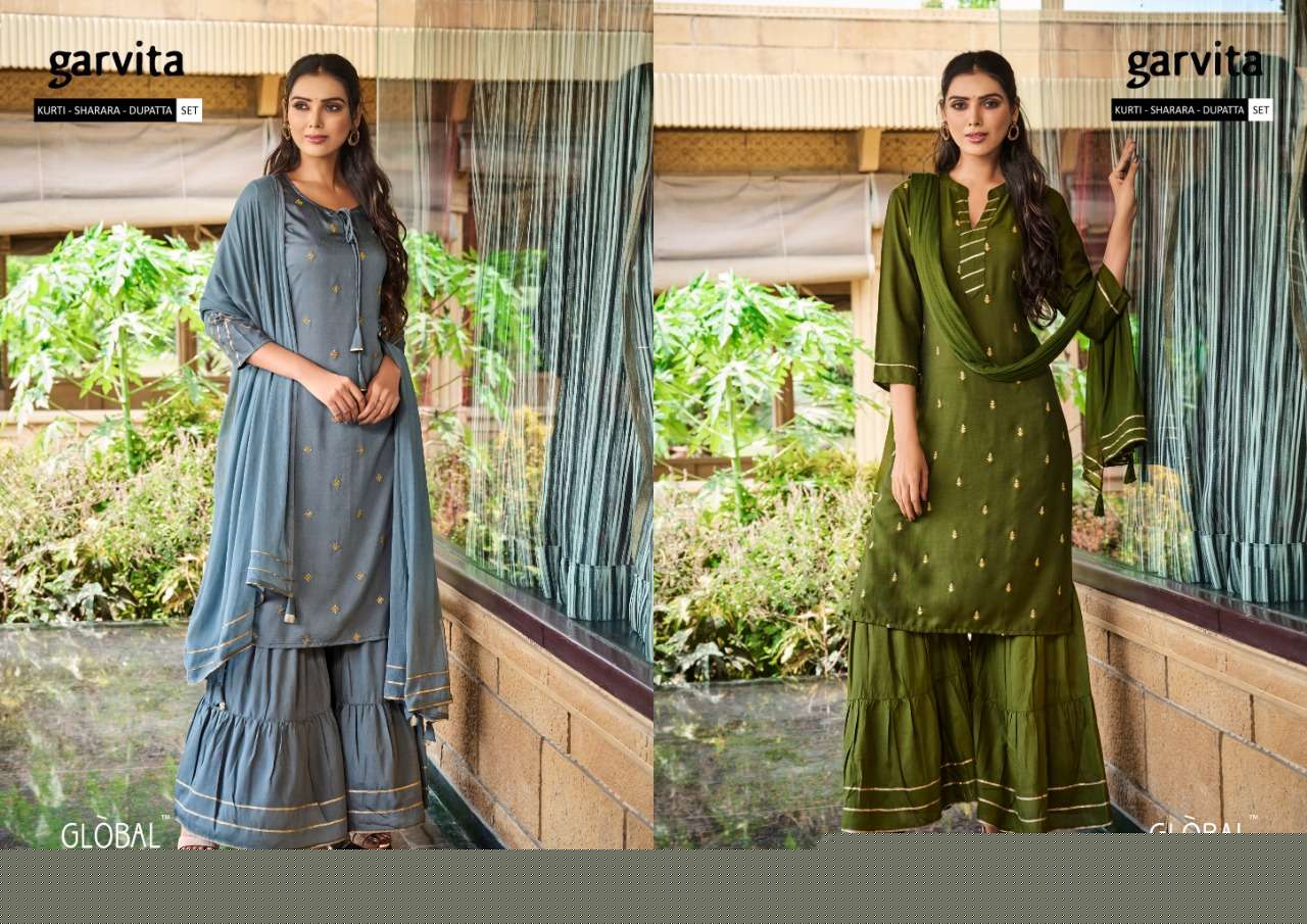 GARVITA BY GLOBAL LOCAL 01 TO 06 SERIES BEAUTIFUL STYLISH SHARARA SUITS FANCY COLORFUL CASUAL WEAR & ETHNIC WEAR & READY TO WEAR MUSLIN EMBROIDERED DRESSES AT WHOLESALE PRICE