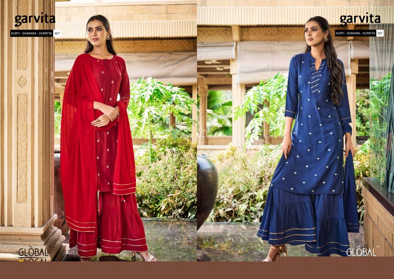 GARVITA BY GLOBAL LOCAL 01 TO 06 SERIES BEAUTIFUL STYLISH SHARARA SUITS FANCY COLORFUL CASUAL WEAR & ETHNIC WEAR & READY TO WEAR MUSLIN EMBROIDERED DRESSES AT WHOLESALE PRICE