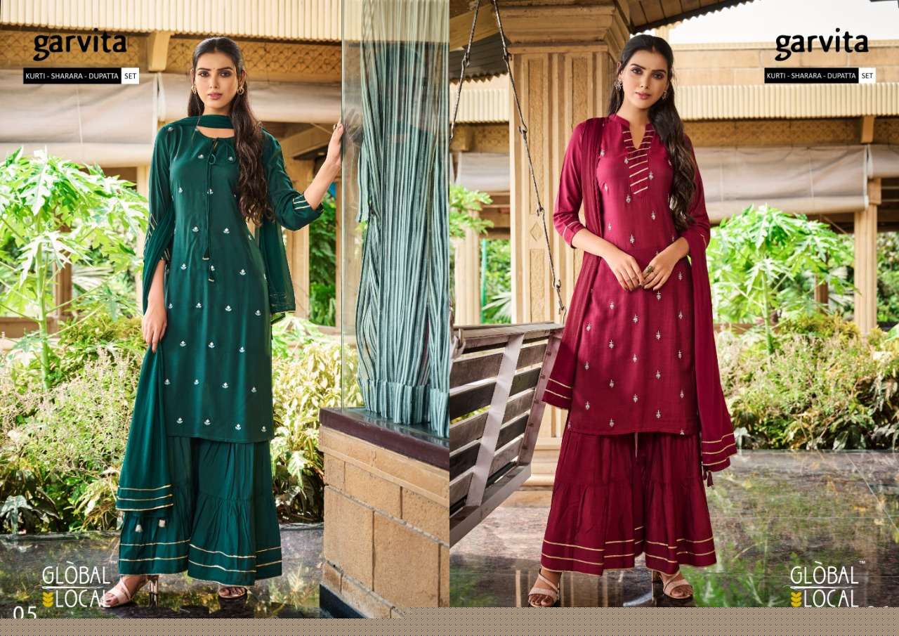 GARVITA BY GLOBAL LOCAL 01 TO 06 SERIES BEAUTIFUL STYLISH SHARARA SUITS FANCY COLORFUL CASUAL WEAR & ETHNIC WEAR & READY TO WEAR MUSLIN EMBROIDERED DRESSES AT WHOLESALE PRICE