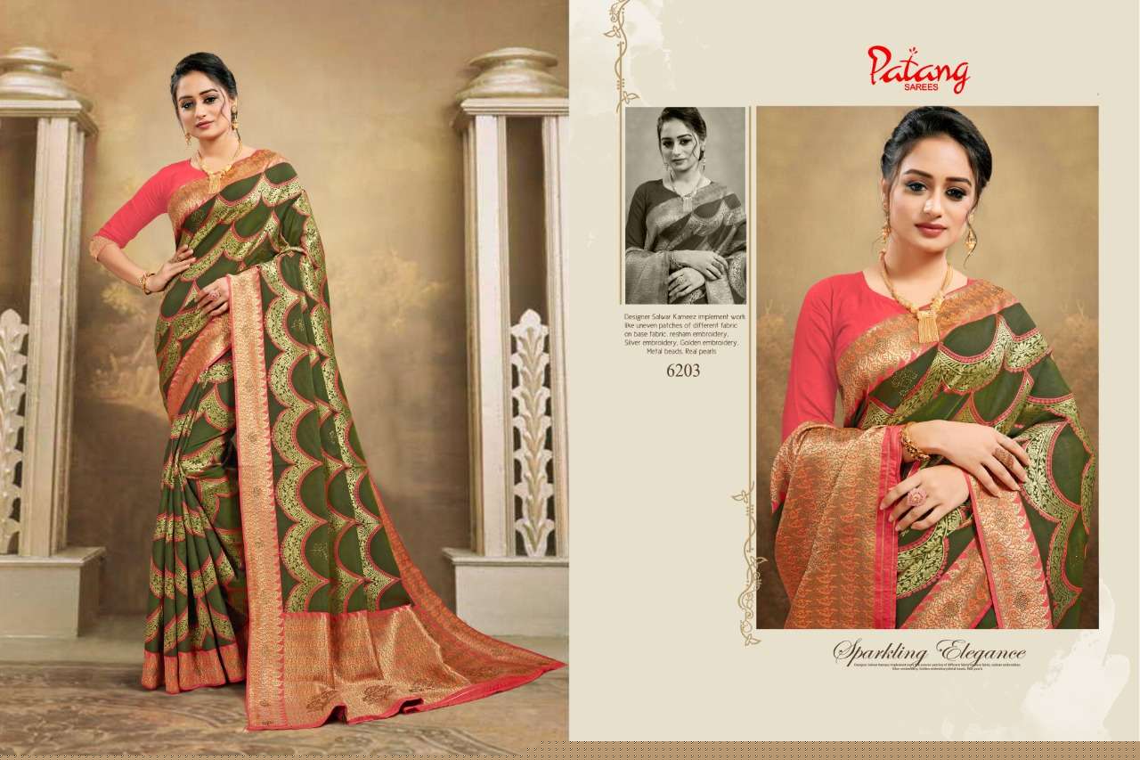 DOUBLE DIAMOND BY PATANG SAREES 6201 TO 6208 SERIES INDIAN TRADITIONAL WEAR COLLECTION BEAUTIFUL STYLISH FANCY COLORFUL PARTY WEAR & OCCASIONAL WEAR FANCY SAREES AT WHOLESALE PRICE