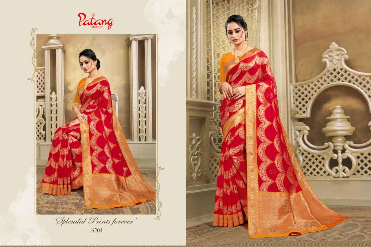 DOUBLE DIAMOND BY PATANG SAREES 6201 TO 6208 SERIES INDIAN TRADITIONAL WEAR COLLECTION BEAUTIFUL STYLISH FANCY COLORFUL PARTY WEAR & OCCASIONAL WEAR FANCY SAREES AT WHOLESALE PRICE
