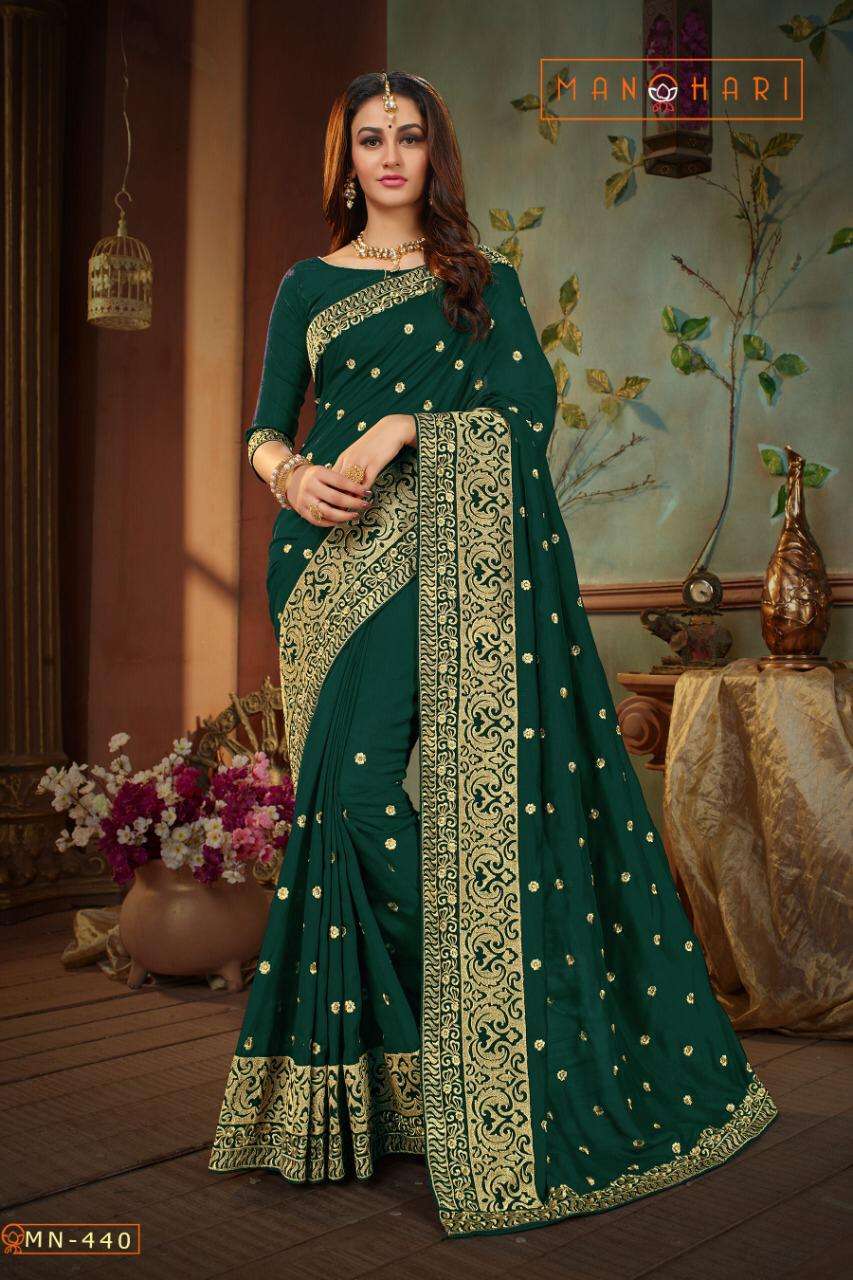 MANOHARI VOL-3 BY MANOHARI 438 TO 442 SERIES INDIAN TRADITIONAL WEAR COLLECTION BEAUTIFUL STYLISH FANCY COLORFUL PARTY WEAR & OCCASIONAL WEAR VICHITRA SILK SAREES AT WHOLESALE PRICE